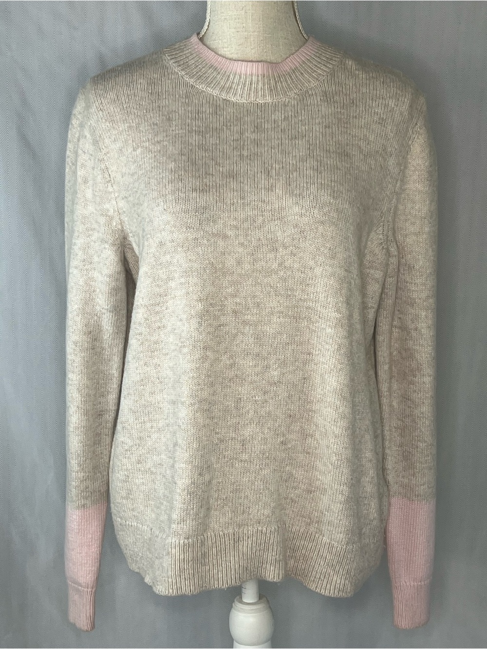 Boden Sweater Fife Pullover Mock Neckline Beige with Pink Trim L - Picture 2 of 8